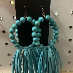 Turquoise Beaded Hoop Earrings with Tassels